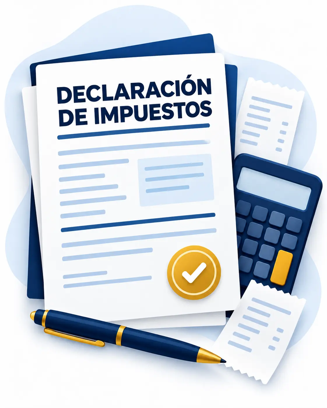 Ilustración de una declaración de impuestos con calculadora, recibos, bolígrafo y sello de aprobación