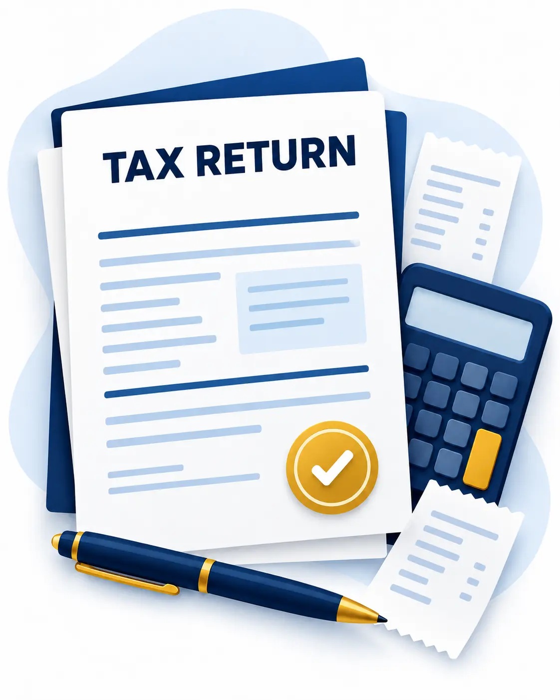 Tax return illustration with a calculator, receipts, pen, and approval seal